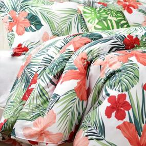 img 4 attached to Tropical Twin XL Bedding Set With Red Hibiscus And Palm Leaves For College Dorm Room