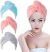 instant hair drying towel with button - pocova microfiber hair wrap for women, 3 pack hair care cap for bath & shower in blue, pink, and grey colors - rapid hair turban for quick dry logo