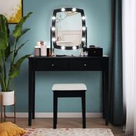 modern vanity table set with lighted mirror, adjustable brightness, 4 drawers, and cushioned stool for girls and women - ideal for makeup, dressing room and bedroom (black) logo