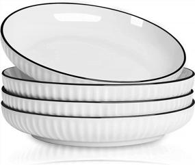img 4 attached to Set Of 4 Medium White Ceramic Pasta Bowls - Perfect For Serving Salad, Flat Italian Design - 8 Inch Dinner Plates - Wave-White Finish By JDZTC