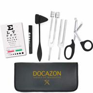 tools of medicine's comprehensive 6-piece medical exam kit with taylor reflex hammer, penlight, tuning forks (c 128 & c 512), bandage scissors, and snellen pocket eye chart by docazon logo