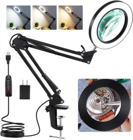 img 4 attached to 10X Magnifying Glass With Light And Stand, Veemagni 3 Color Modes Stepless Dimmable Real Glass Lens, Adjustable Swing Arm LED Lighted Magnifier Desk Lamp With Clamp For Reading, Repair, Crafts, Sewing