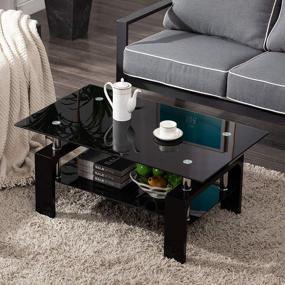 img 4 attached to Living Room Rectangle Glass Coffee Table, Modern Living Room Table With Lower Shelf, Black Tempered Glass Top With Black Color Wooden Legs,Living Room Furniture,Waiting Area Table