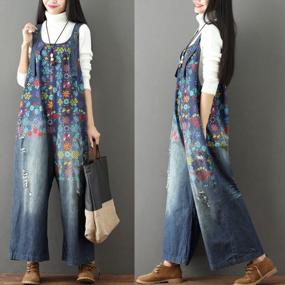 img 1 attached to Flygo Women'S Floral Printed Wide Leg Distressed Bib Denim Overalls Jumpsuit With Pockets - Dark Blue (One Size)