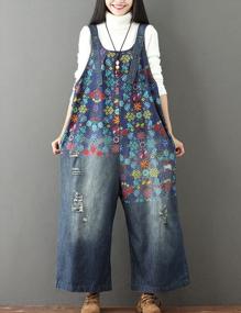img 3 attached to Flygo Women'S Floral Printed Wide Leg Distressed Bib Denim Overalls Jumpsuit With Pockets - Dark Blue (One Size)