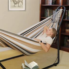 img 1 attached to Zupapa Hammock With Stand 2 Person, Upgraded Steel Hammock Frame And Polycotton Hammock, 550LBS Capacity For Indoor Outdoor Use (Coffee Gray Ripples)