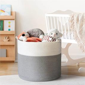 img 3 attached to 🧺 High-Quality Cotton Rope Basket with Handle for Baby Laundry, Toy Storage, Blankets & Nursery - Soft Woven Storage Bins - 15'' × 15'' × 14.2''
