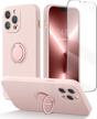 mobosi iphone 13 pro silicone case with ring, full camera protection + screen protector with built-in ring kickstand, soft microfiber lining shockproof protective slim cover for women girl, pink logo