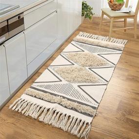 img 4 attached to LEEVAN Boho Kitchen Runner Rug 2'X4' Cotton Tufted Geometric Rugs With Tassels Chic Diamond Farmhouse Rug Washable Woven Hallway Throw Doormat For Kitchen Rug/Bathroom/Living Room/Bedroom
