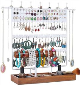 img 4 attached to 124-Hole Earring Organizer Stand With Wooden Tray - Perfect For Home Use & Jewelry Display, White