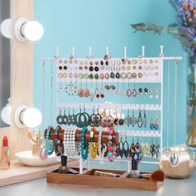 img 1 attached to 124-Hole Earring Organizer Stand With Wooden Tray - Perfect For Home Use & Jewelry Display, White