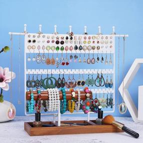 img 3 attached to 124-Hole Earring Organizer Stand With Wooden Tray - Perfect For Home Use & Jewelry Display, White