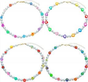 img 4 attached to 4PCS Beaded Necklace Y2K Beaded Choker Necklace For Women Evil Eye Glazed Flower Smiley Face Necklace Handmade Colorful Beaded Necklace Boho Y2K Clothes Accessories For Women Girls