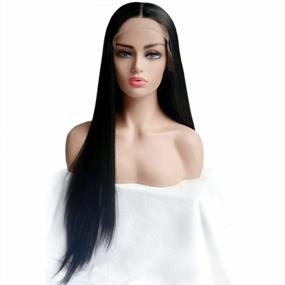 img 4 attached to 24 Inch Heat Resistant Black Straight Lace Front Wig - 160 Density, Natural Hairline Half Hand Tied Synthetic Wigs For Women