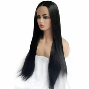 img 2 attached to 24 Inch Heat Resistant Black Straight Lace Front Wig - 160 Density, Natural Hairline Half Hand Tied Synthetic Wigs For Women