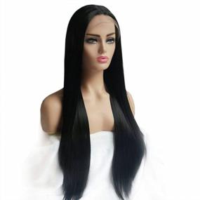 img 3 attached to 24 Inch Heat Resistant Black Straight Lace Front Wig - 160 Density, Natural Hairline Half Hand Tied Synthetic Wigs For Women