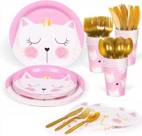 img 4 attached to Meowvellous Cat Party Essentials: 112PCS Kitt-Astic Birthday Supplies For 16, Including Plates, Cups, Napkins, And Cutlery Set