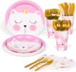 meowvellous cat party essentials: 112pcs kitt-astic birthday supplies for 16, including plates, cups, napkins, and cutlery set logo