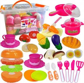 img 4 attached to FUNERICA Pretend Play Food Set With Dishes, Cookware, Cuttable Vegetables, Mini Pots, Pans Set, Knife, Cutting Board, Toy Kitchen Accessories Playset Gift For Toddlers, Kids Girls, Boys Preschoolers