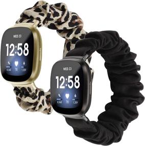 img 4 attached to 🐆 2-Pack Scrunchie Elastic Watch Band for Fitbit Sense/Versa 3: Women & Girls, Soft Cloth Printed Fabric Wristband - Stylish Replacement Bracelet & Accessory (Black Leopard, Small)