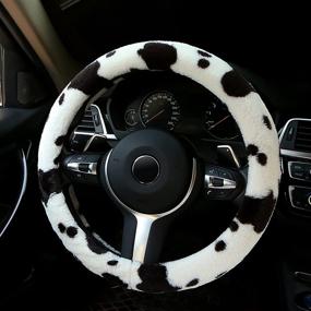 img 2 attached to 🐄 ALEMODR Cow Print Steering Wheel Cover - Fluffy and Universal (15 inch) for Women and Girls