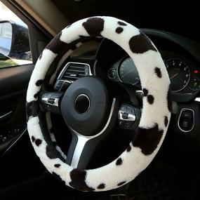 img 1 attached to 🐄 ALEMODR Cow Print Steering Wheel Cover - Fluffy and Universal (15 inch) for Women and Girls