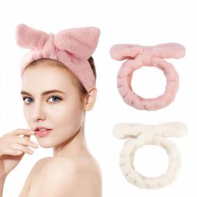 img 4 attached to Pink And White Microfiber Bowtie Headbands Set For Girls And Beauties - Perfect For Facial Makeup, Spa, Yoga, Sports, And Shower - Adjustable Elastic Cosmetic Hair Band (2 Pieces)
