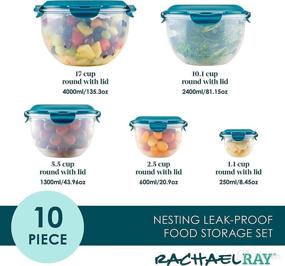 img 3 attached to 🍽️ Leak-Proof Nestable Container Food Storage Bin Set by Rachael Ray, 10-Piece Round with Teal Lid