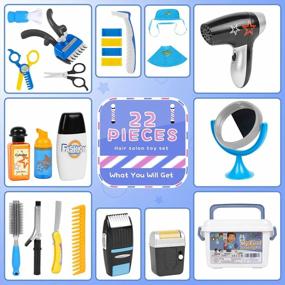img 3 attached to Kids Barber Set Toy Pretend Play Hair Salon Playset With Shaver, Blow Dryer, Scissors, Razors & Styling Shawls Costume - Gifts2U My First Shaving Kit For Boys (Ages 3+)