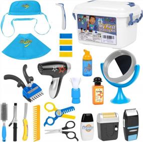 img 4 attached to Kids Barber Set Toy Pretend Play Hair Salon Playset With Shaver, Blow Dryer, Scissors, Razors & Styling Shawls Costume - Gifts2U My First Shaving Kit For Boys (Ages 3+)