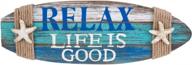 coastal plaque with surfboard shape and starfish wall hanging - perfect beach decor for relaxing beachcombers, life is good in blue logo