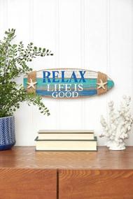 img 3 attached to Coastal Plaque With Surfboard Shape And Starfish Wall Hanging - Perfect Beach Decor For Relaxing Beachcombers, Life Is Good In Blue