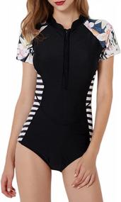 img 1 attached to Women'S Rash Guard Swimsuit: Stylish Zip Front Print Short Sleeve One Piece Swimwear