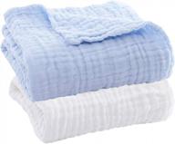 2-pack 43x43 inch muslin baby bath towels for boys girls - white & blue swaddle blanket for newborns toddlers. logo