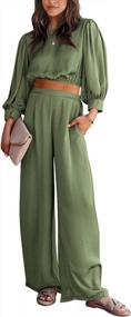img 4 attached to PRETTYGARDEN Women'S 2 Piece Satin Outfits 2023 Spring Casual Puff Sleeve Crop Tops Blouse And Long Palazzo Pants Set