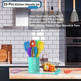 img 3 attached to Набор силиконовых кухонных принадлежностей Deedro'S, 16 предметов: яркий, термостойкий, антипригарный и стильно организованный с держателем