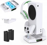 meneea xbox series s cooling stand with dual 1400mah rechargeable batteries, controller charger stand, headset hook, and 2 built-in cooling fans - essential cooler accessories for xbox s logo