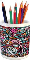 ambesonne abstract pencil pen holder, colorful florals sunflower mosaic curl ornaments stained glass inspired design, printed ceramic pencil pen holder for desk office accessory, multicolor logo