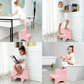 img 2 attached to Safe & Sturdy Pink Step Stool For Kids - HAJACK Wooden Two-Step With Non-Slip Mats And Handle!