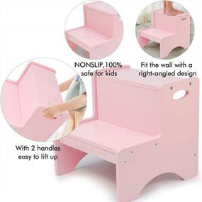 img 3 attached to Safe & Sturdy Pink Step Stool For Kids - HAJACK Wooden Two-Step With Non-Slip Mats And Handle!