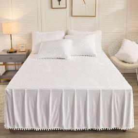 img 4 attached to LIFEREVO Luxury Velvet Diamond Quilted Fitted Bed Sheet 3 Side Coverage 18 Inch Drop Dust Ruffle Bed Skirt With Pompoms Fringe (Queen, White)