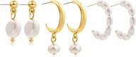 set of 3 small hoop huggie earrings with freshwater pearls, 14k gold plated and hypoallergenic for weddings and everyday wear by sloong logo