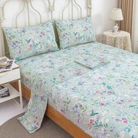 img 4 attached to WINLIFE Shabby Chic Floral Butterfly Print Queen Size Bed Sheet Set - 4 Piece Cotton Deep Pocket Bed Sheets In Green