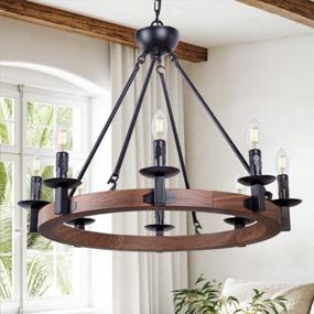 img 4 attached to Wellmet 8 Lights Farmhouse Iron Chandeliers For Dining Rooms 28 Inch, Wagon Wheel Chandelier Candle Style, Rustic Hanging Ceiling Light Fixture Bedroom Living Room Foyer Hallway, Faux Wood Finish