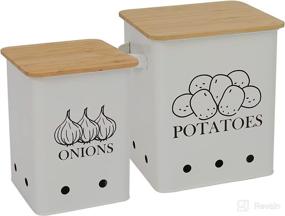 img 4 attached to 🥔 2-Piece Kitchen Vegetable Storage Tins Set for Potatoes, Onions, and Garlic - White, with Wooden Lid for Long Shelf Life