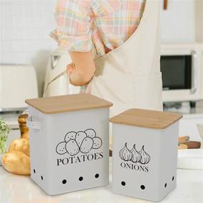 img 1 attached to 🥔 2-Piece Kitchen Vegetable Storage Tins Set for Potatoes, Onions, and Garlic - White, with Wooden Lid for Long Shelf Life