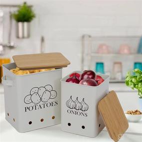 img 2 attached to 🥔 2-Piece Kitchen Vegetable Storage Tins Set for Potatoes, Onions, and Garlic - White, with Wooden Lid for Long Shelf Life