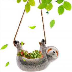 img 4 attached to Grey Ceramic Sloth Hanging Planter Flower Pot Plant Holder For Succulent, Cactus, Air Plants, Herbs Indoor And Outdoor Decor By Luckybunny