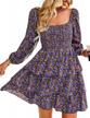 mansy women's square neck ruffle dress long sleeve floral print elastic waist tiered layered swing flowy short mini dress logo