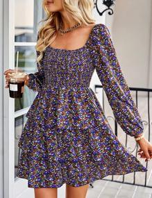 img 2 attached to Mansy Women'S Square Neck Ruffle Dress Long Sleeve Floral Print Elastic Waist Tiered Layered Swing Flowy Short Mini Dress